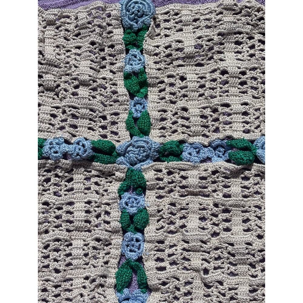 Handmade Crotchet Granny Square Vintage Cottage Core Blue Flowers 11x13